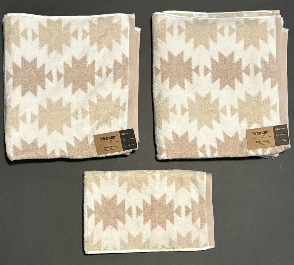 Wrangler Bath Hand Towels Canyon Ikat Beige Set Of 3 Pcs Aztec Southwestern Tan